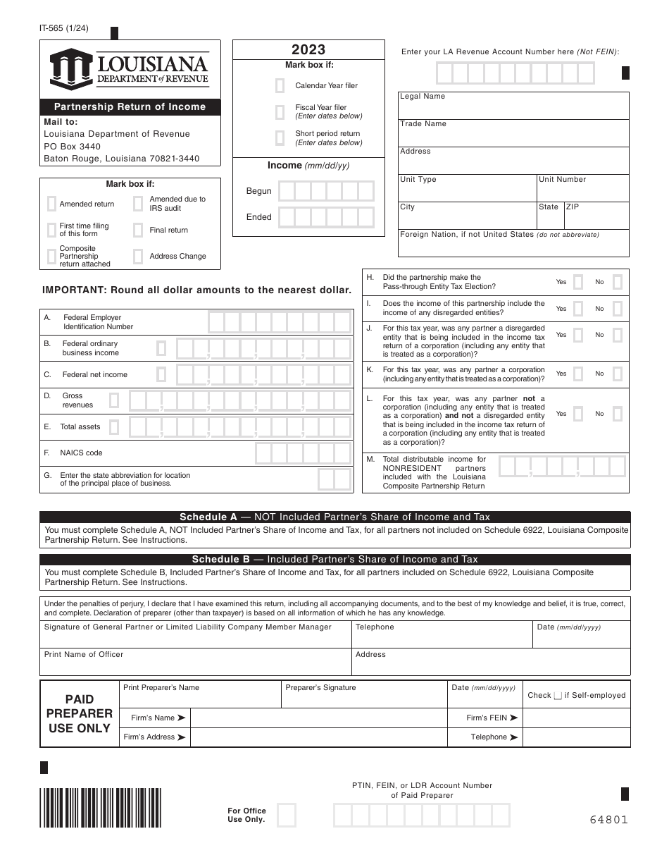 Form IT-565 Partnership Return of Income - Louisiana, Page 1