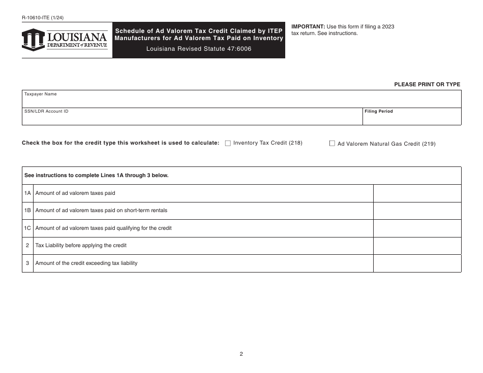 Form R-10610-ITE Schedule of Ad Valorem Tax Credit Claimed by Itep Manufacturers for Ad Valorem Tax Paid on Inventory - Louisiana, Page 2