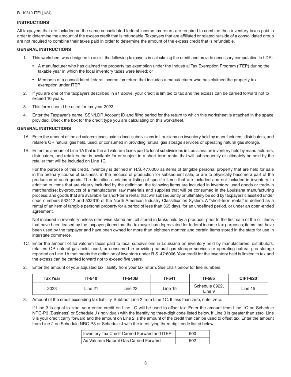 Form R-10610-ITE Schedule of Ad Valorem Tax Credit Claimed by Itep Manufacturers for Ad Valorem Tax Paid on Inventory - Louisiana, Page 3