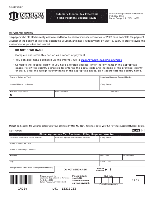 Form R-541V Fiduciary Income Tax Electronic Filing Payment Voucher - Louisiana, 2023