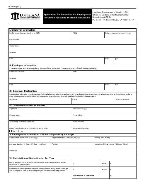 Form R-10605 Application for Deduction for Employment of Certain Qualified Disabled Individuals - Louisiana