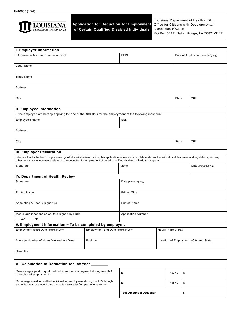Form R-10605 Application for Deduction for Employment of Certain Qualified Disabled Individuals - Louisiana, Page 1