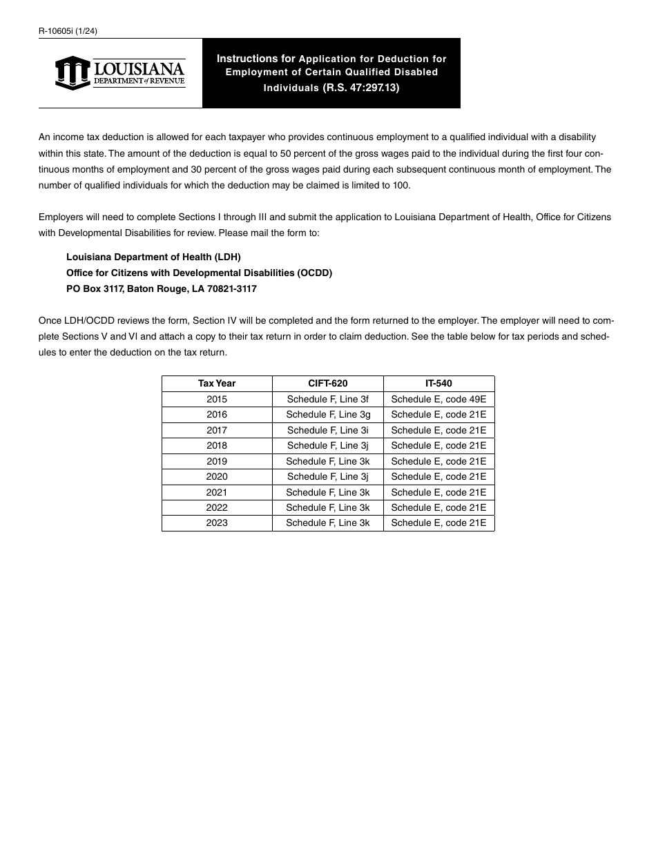Form R-10605 Application for Deduction for Employment of Certain Qualified Disabled Individuals - Louisiana, Page 2