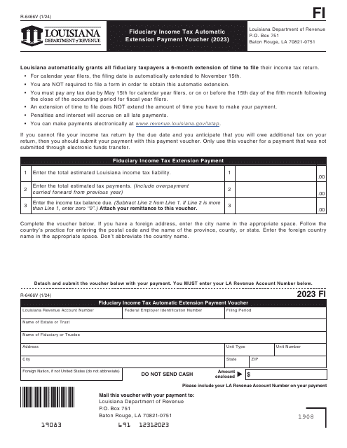 Form R-6466V Fiduciary Income Tax Automatic Extension Payment Voucher - Louisiana, 2023