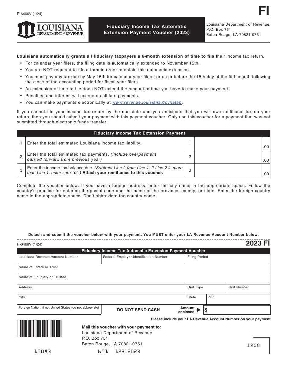 Form R-6466V Fiduciary Income Tax Automatic Extension Payment Voucher - Louisiana, Page 1