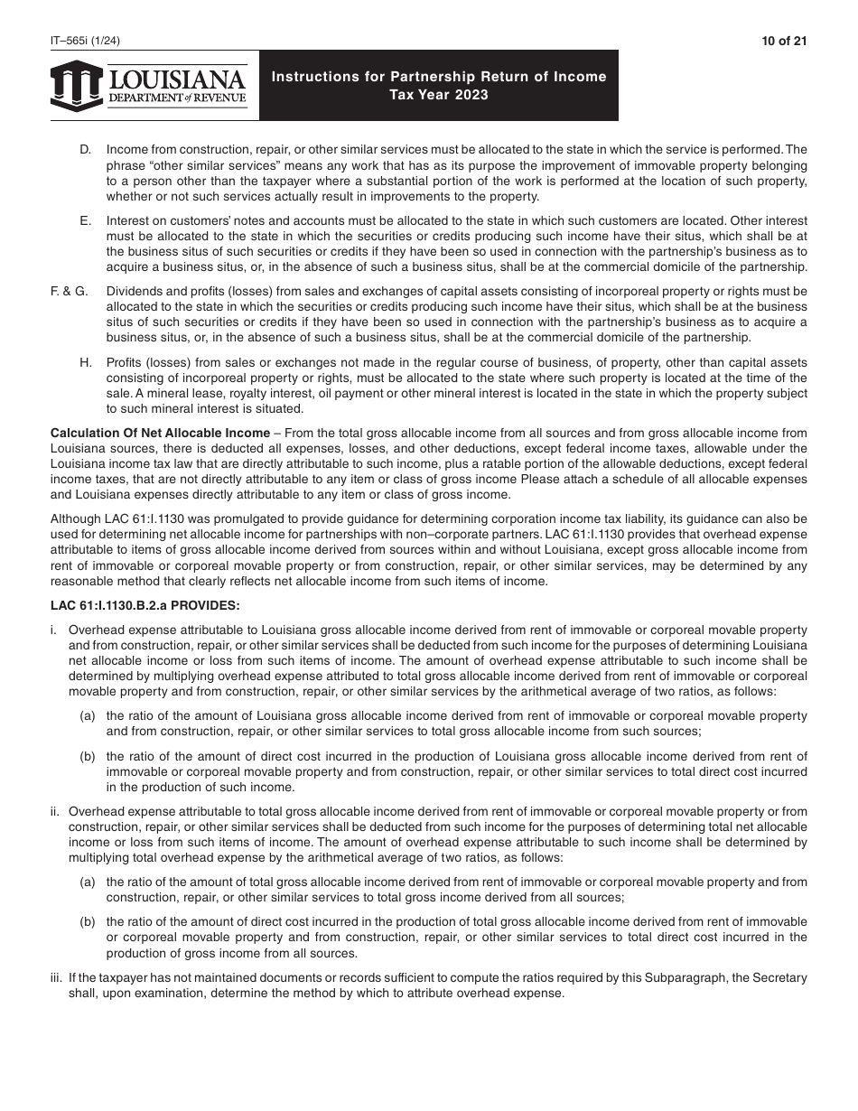Instructions for Form IT-565 Partnership Return of Income - Louisiana, Page 10