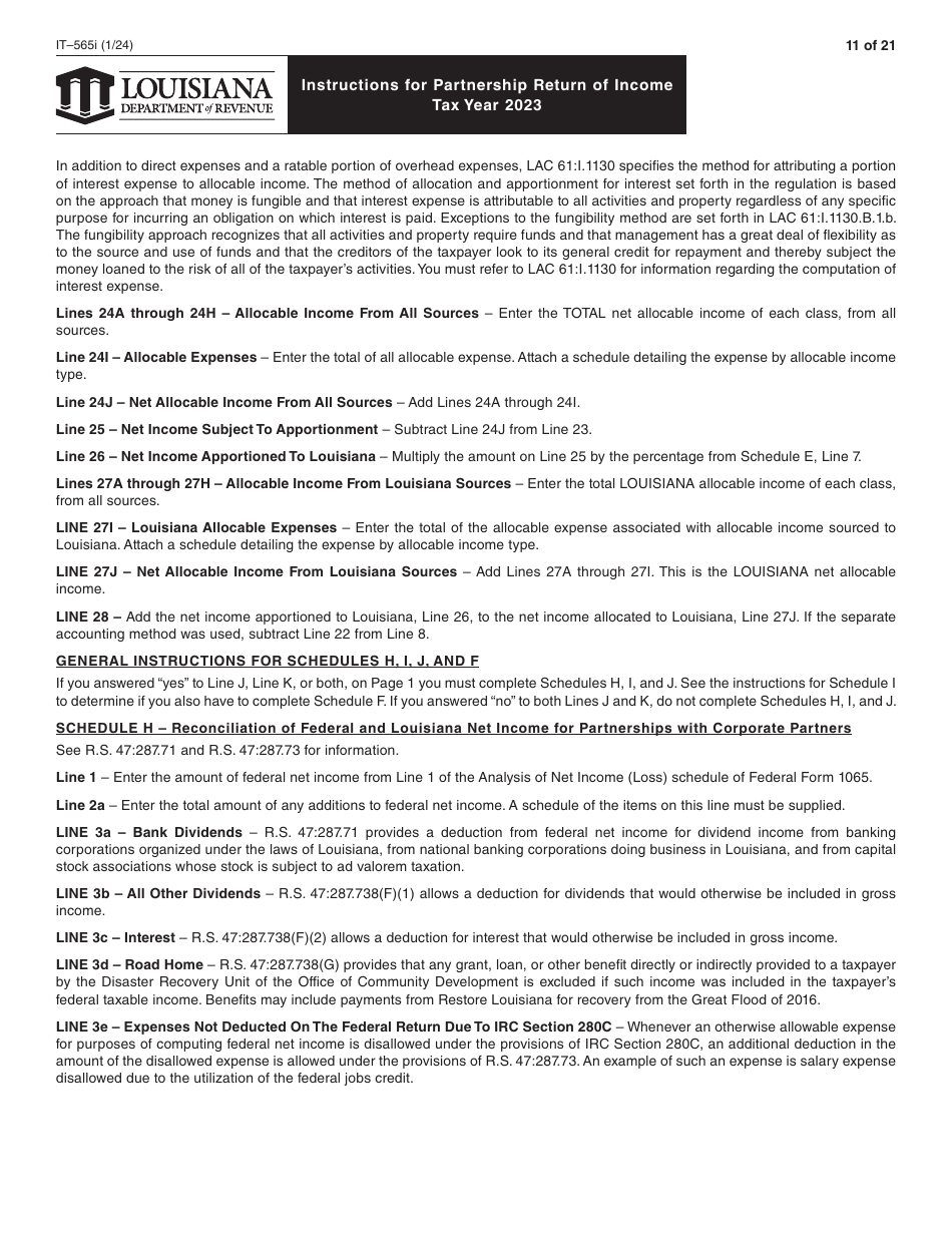 Instructions for Form IT-565 Partnership Return of Income - Louisiana, Page 11
