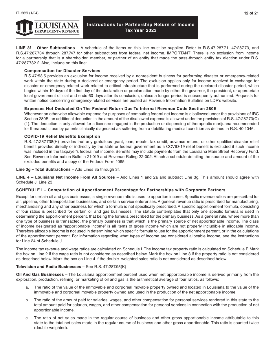 Instructions for Form IT-565 Partnership Return of Income - Louisiana, Page 12