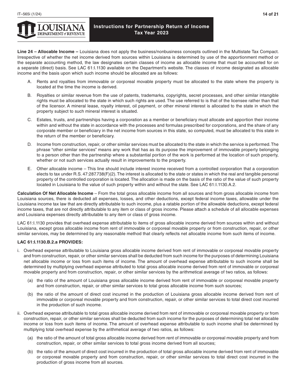 Instructions for Form IT-565 Partnership Return of Income - Louisiana, Page 14