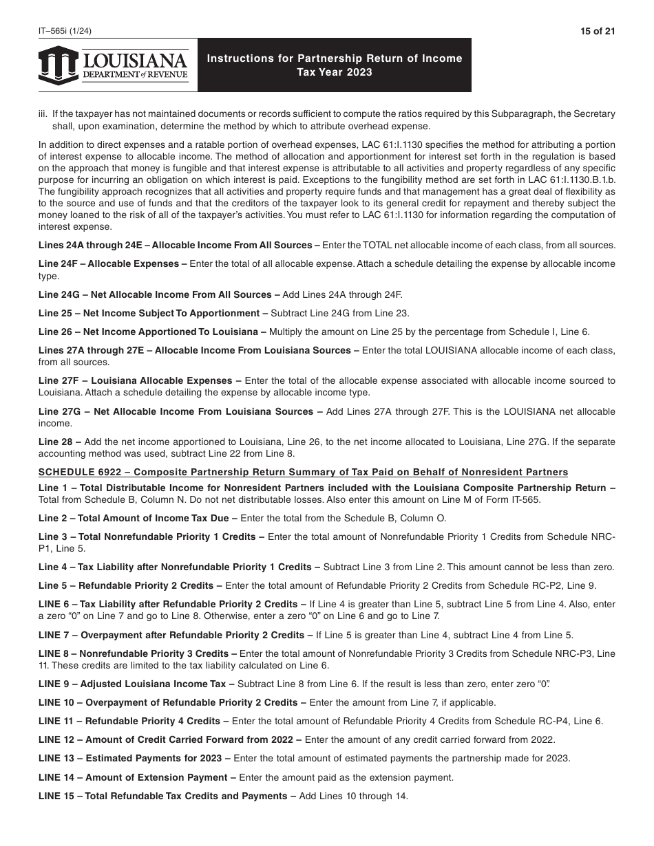 Instructions for Form IT-565 Partnership Return of Income - Louisiana, Page 15