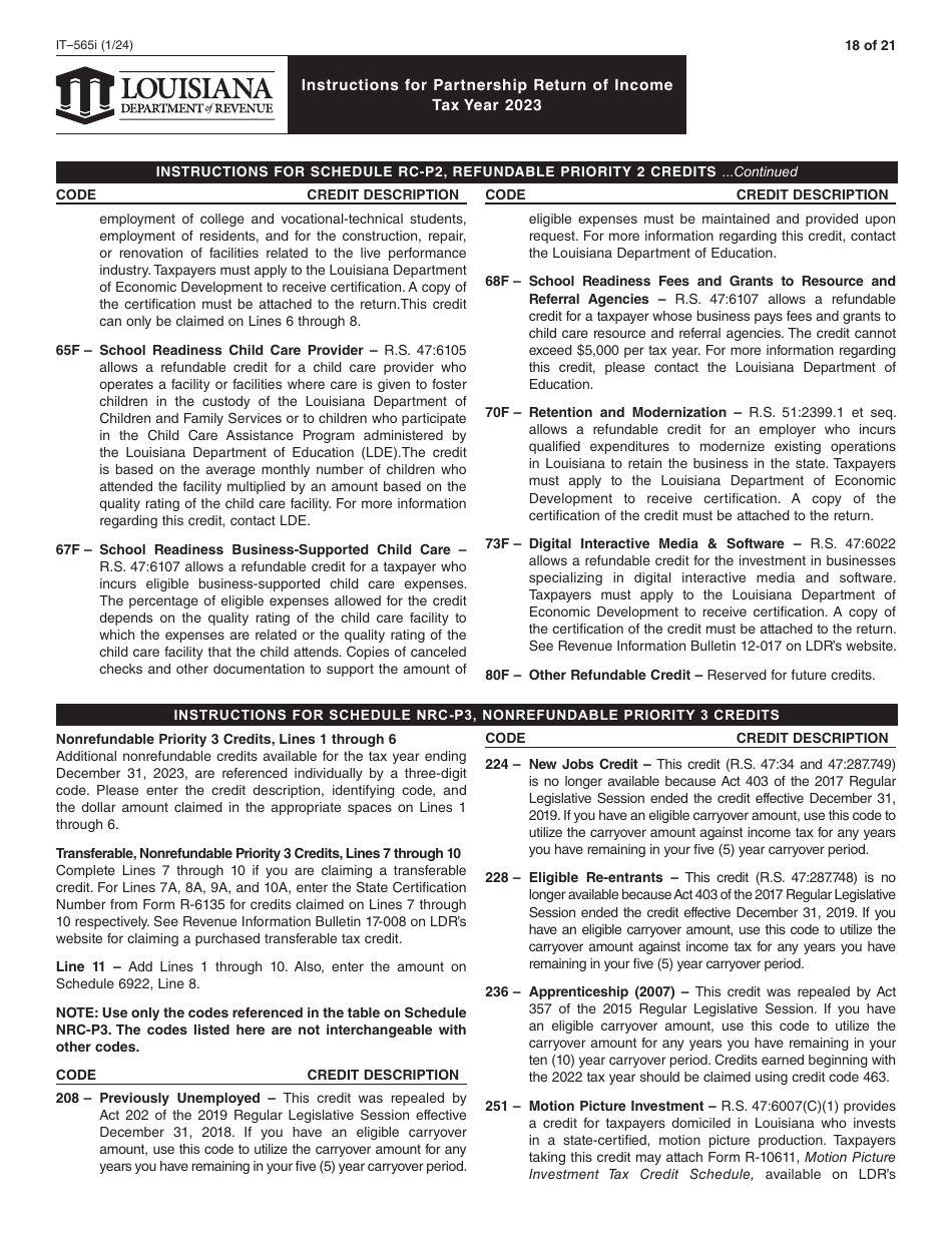 Instructions for Form IT-565 Partnership Return of Income - Louisiana, Page 18