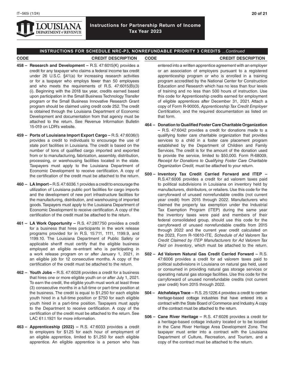 Instructions for Form IT-565 Partnership Return of Income - Louisiana, Page 20