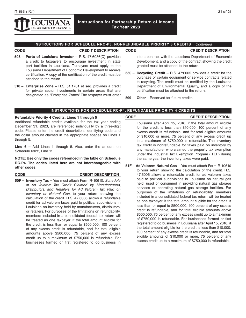 Instructions for Form IT-565 Partnership Return of Income - Louisiana, Page 21