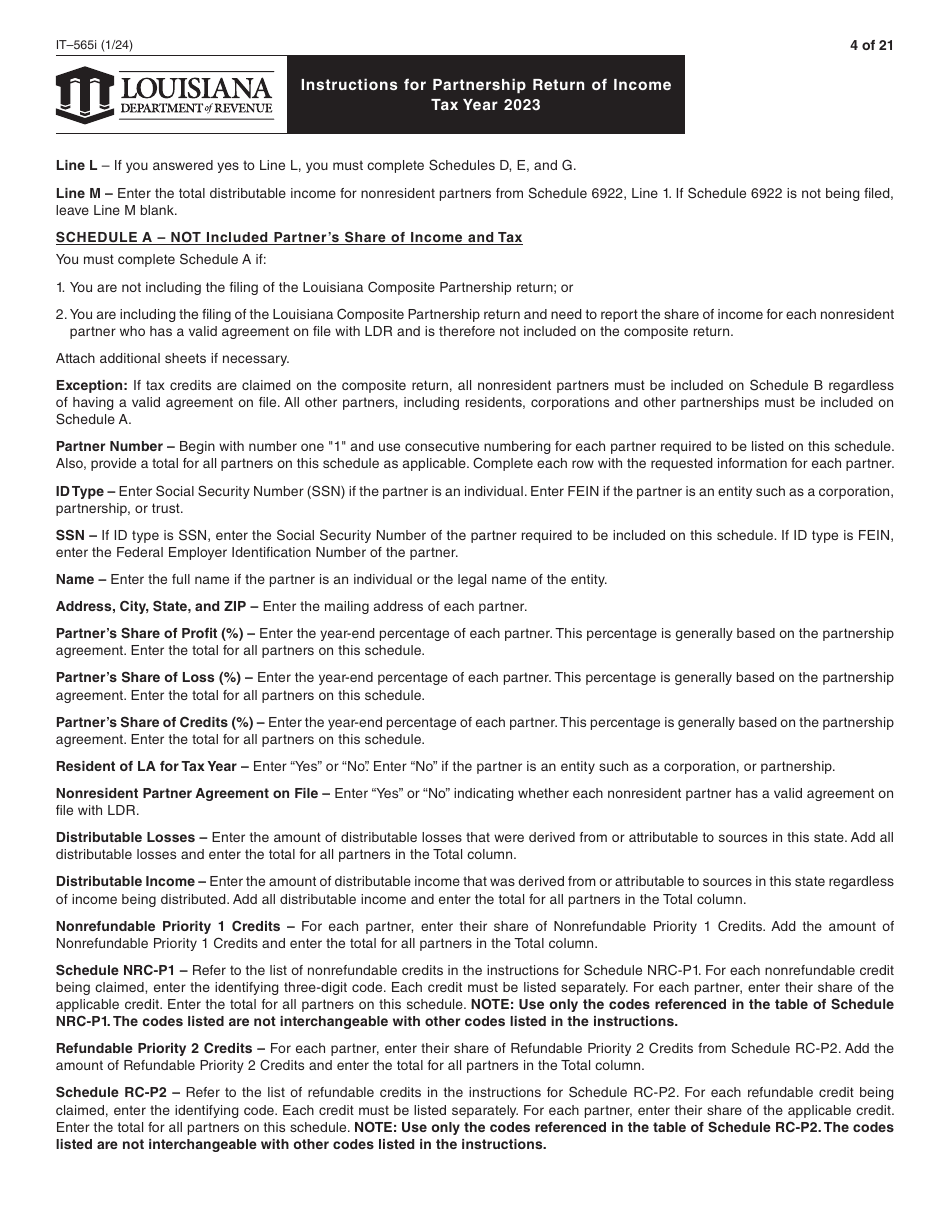 Instructions for Form IT-565 Partnership Return of Income - Louisiana, Page 4