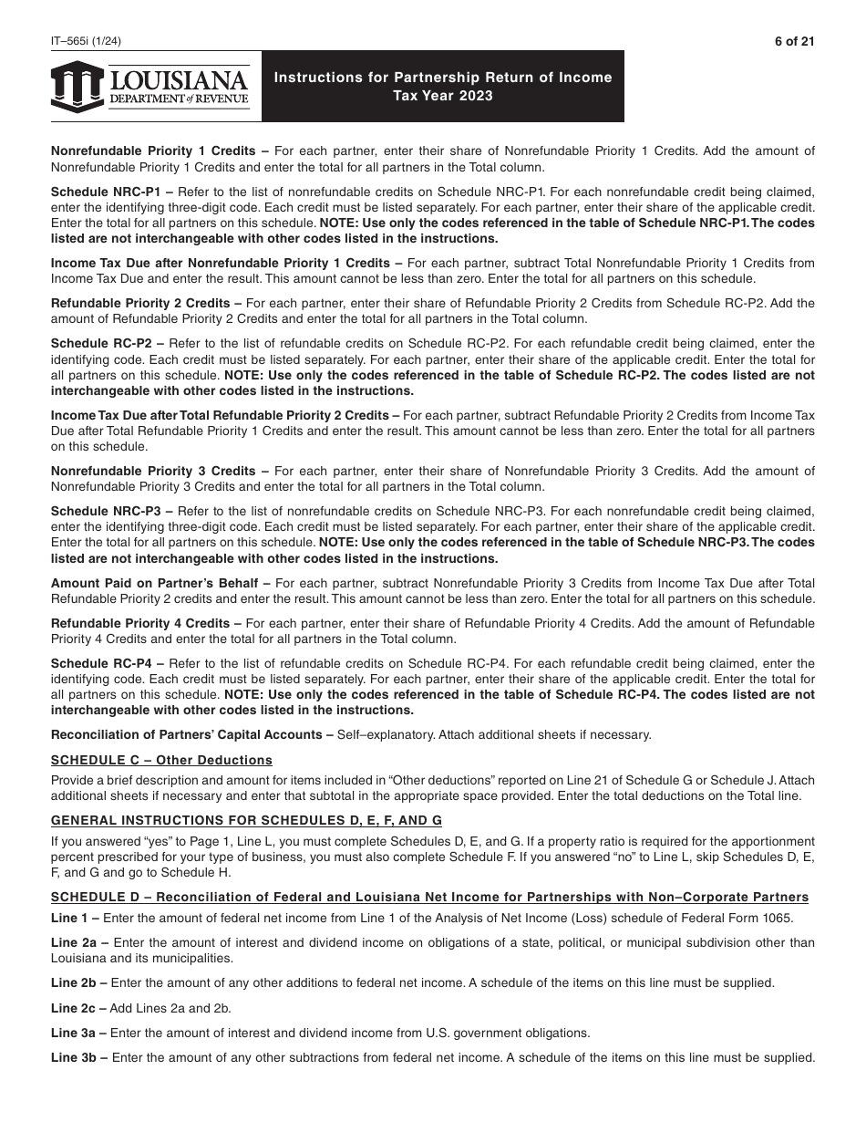 Instructions for Form IT-565 Partnership Return of Income - Louisiana, Page 6