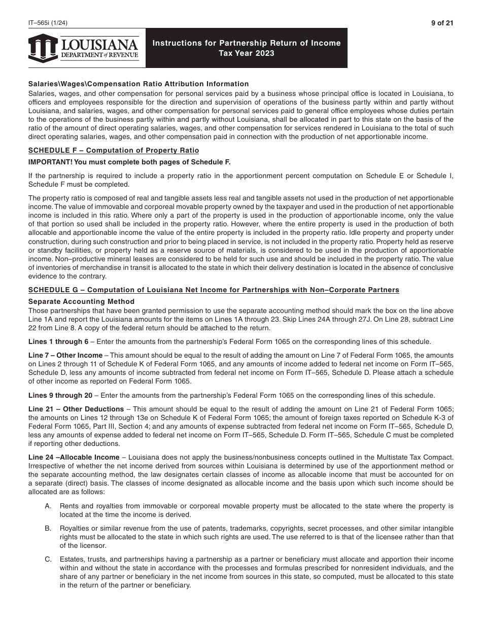Instructions for Form IT-565 Partnership Return of Income - Louisiana, Page 9