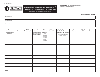 Document preview: Form R-10610 Schedule of Ad Valorem Tax Credit Claimed by Manufacturers, Distributors and Retailers for Ad Valorem Tax Paid on Inventory or Natural Gas - Louisiana