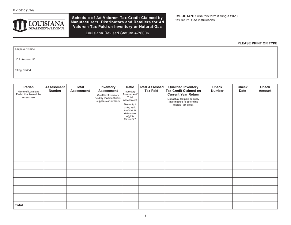 Form R-10610 Schedule of Ad Valorem Tax Credit Claimed by Manufacturers, Distributors and Retailers for Ad Valorem Tax Paid on Inventory or Natural Gas - Louisiana, Page 1