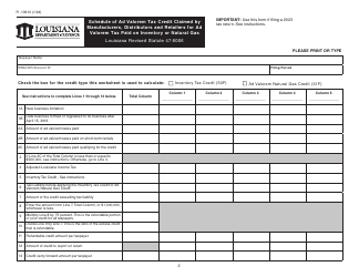 Form R-10610 Schedule of Ad Valorem Tax Credit Claimed by Manufacturers, Distributors and Retailers for Ad Valorem Tax Paid on Inventory or Natural Gas - Louisiana, Page 2