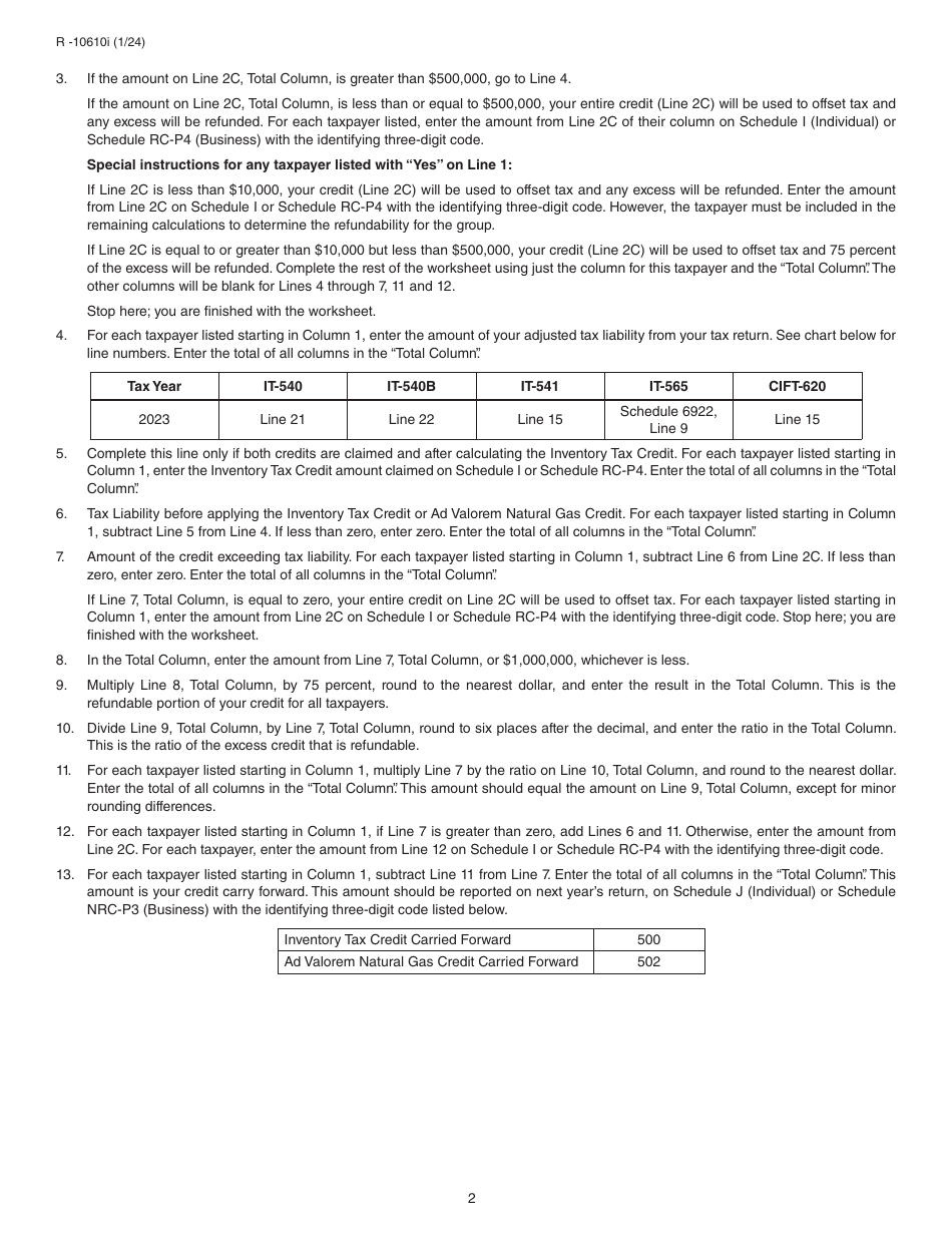 Form R-10610 Schedule of Ad Valorem Tax Credit Claimed by Manufacturers, Distributors and Retailers for Ad Valorem Tax Paid on Inventory or Natural Gas - Louisiana, Page 4