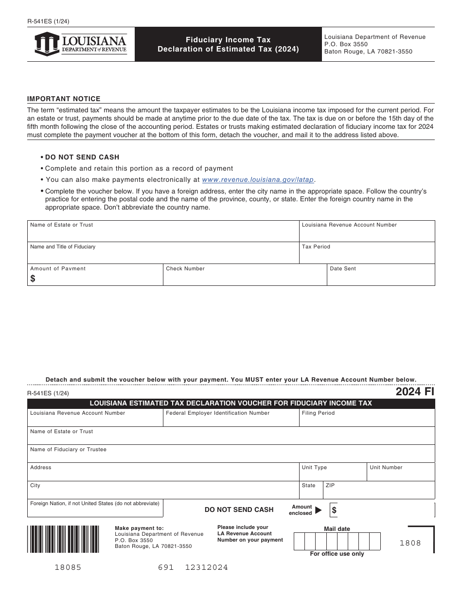 Form R-541ES Louisiana Estimated Tax Declaration Voucher for Fiduciary Income Tax - Louisiana, Page 1