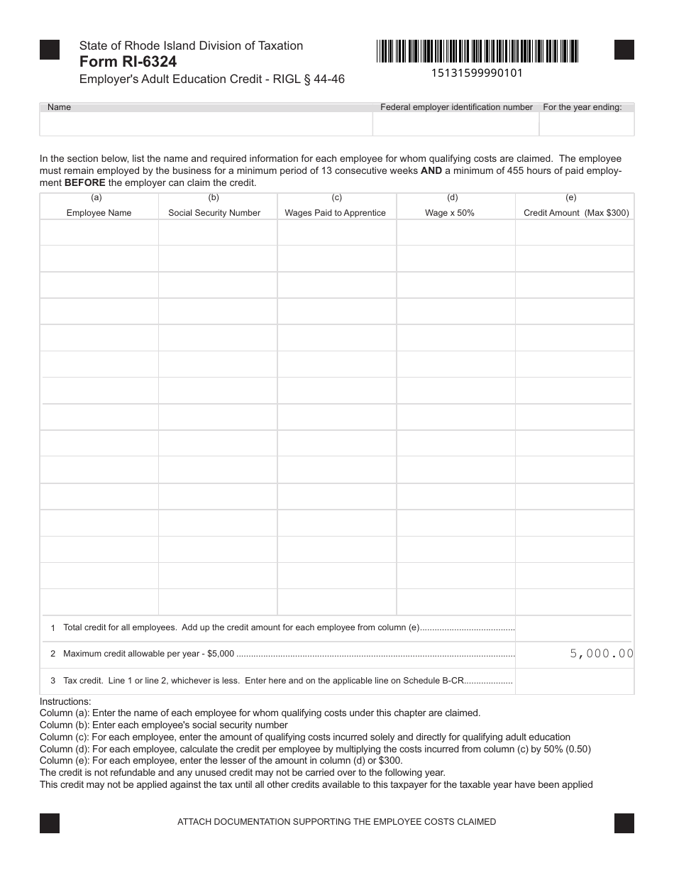 Form RI-6324 Employers Adult Education Credit - Rhode Island, Page 1