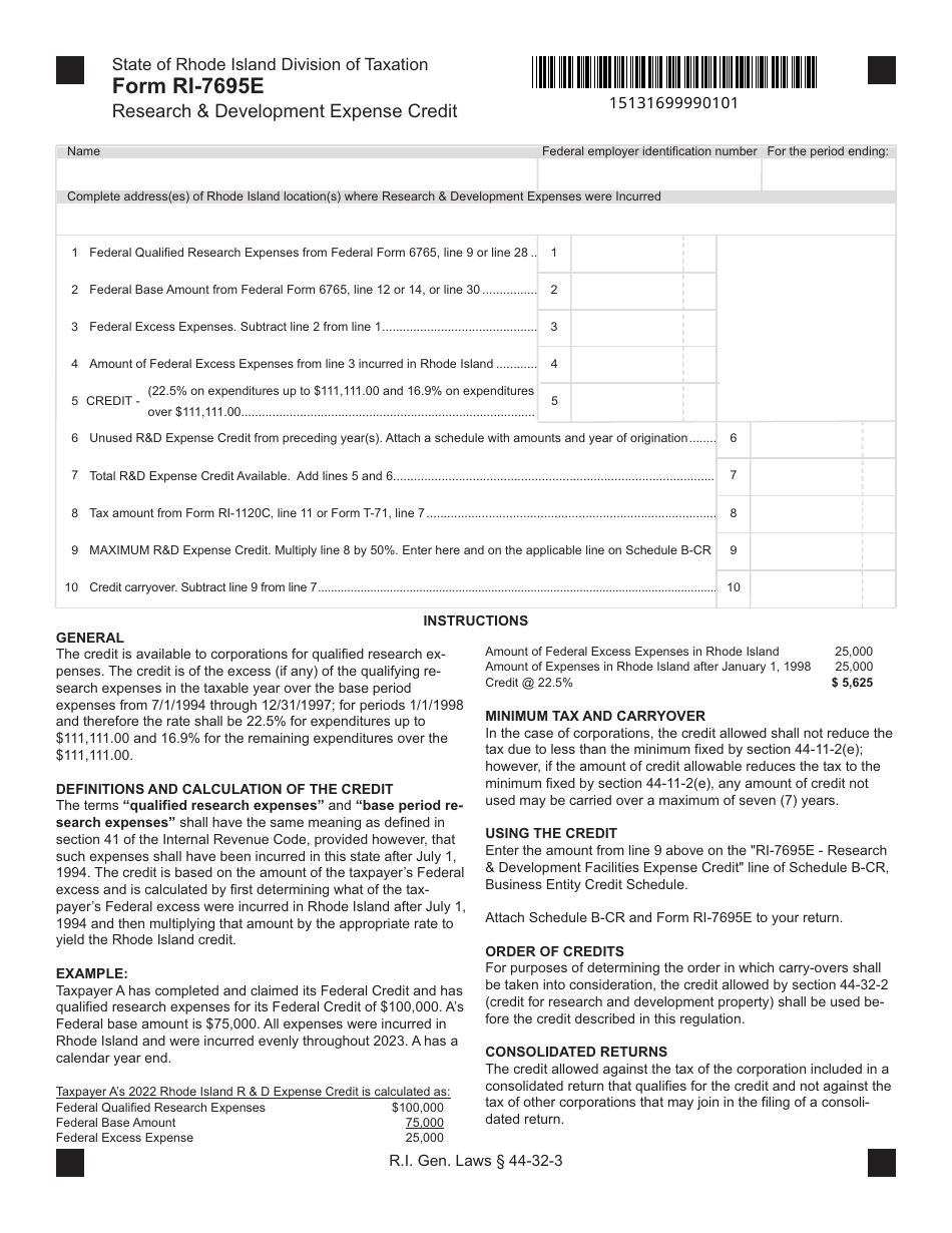 Form RI-7695E Research (development Expense Credit - Rhode Island, Page 1