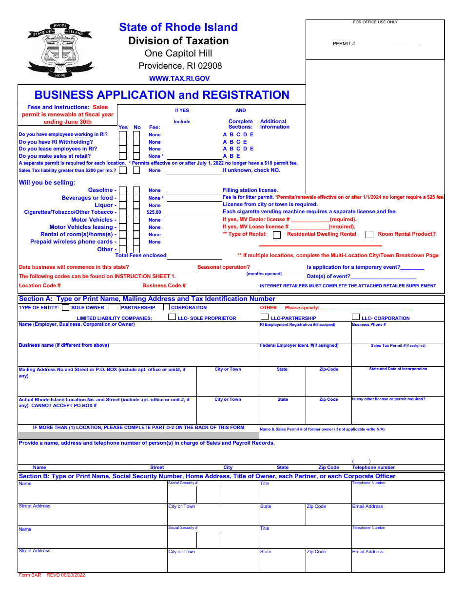 Form BAR Business Application and Registration - Rhode Island, Page 1