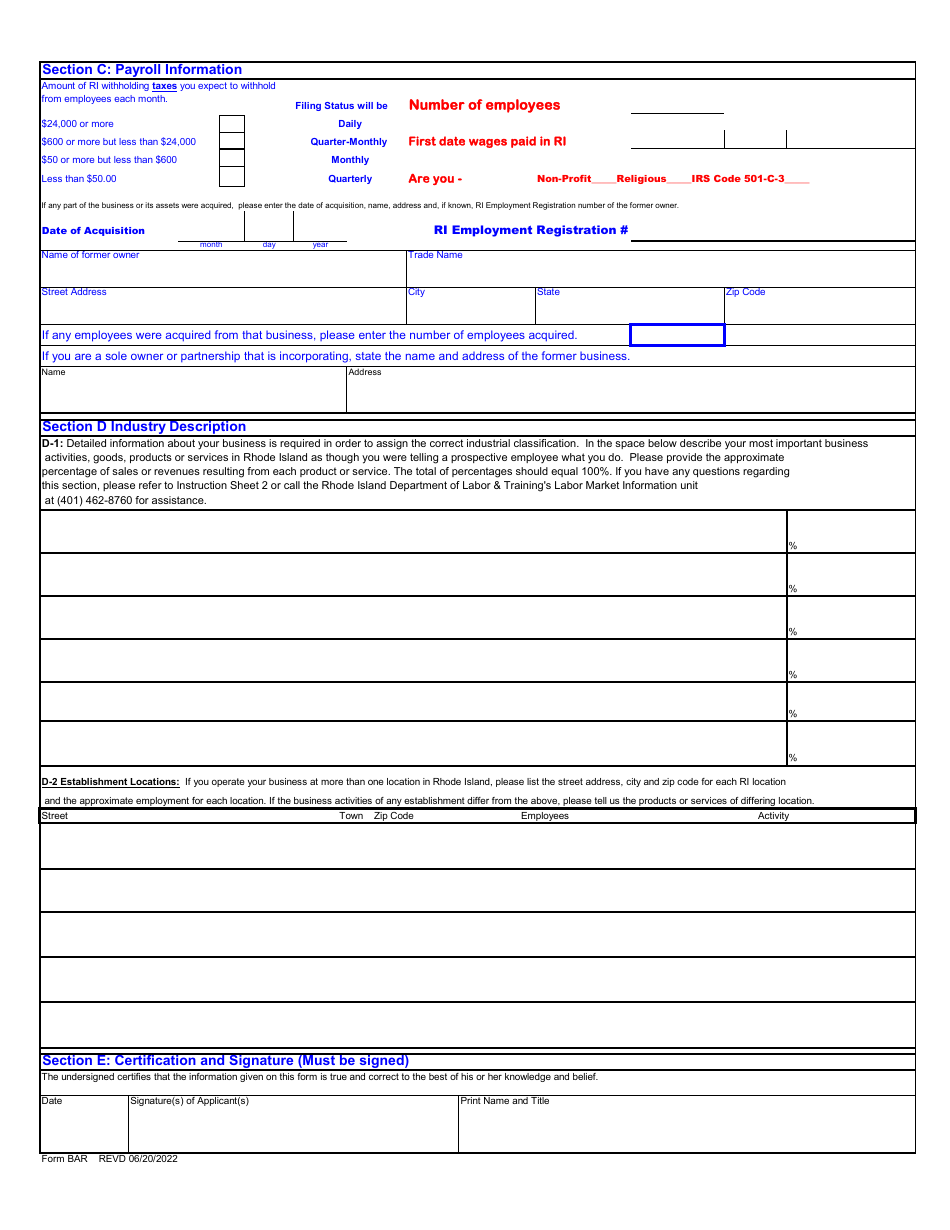 Form BAR Business Application and Registration - Rhode Island, Page 2