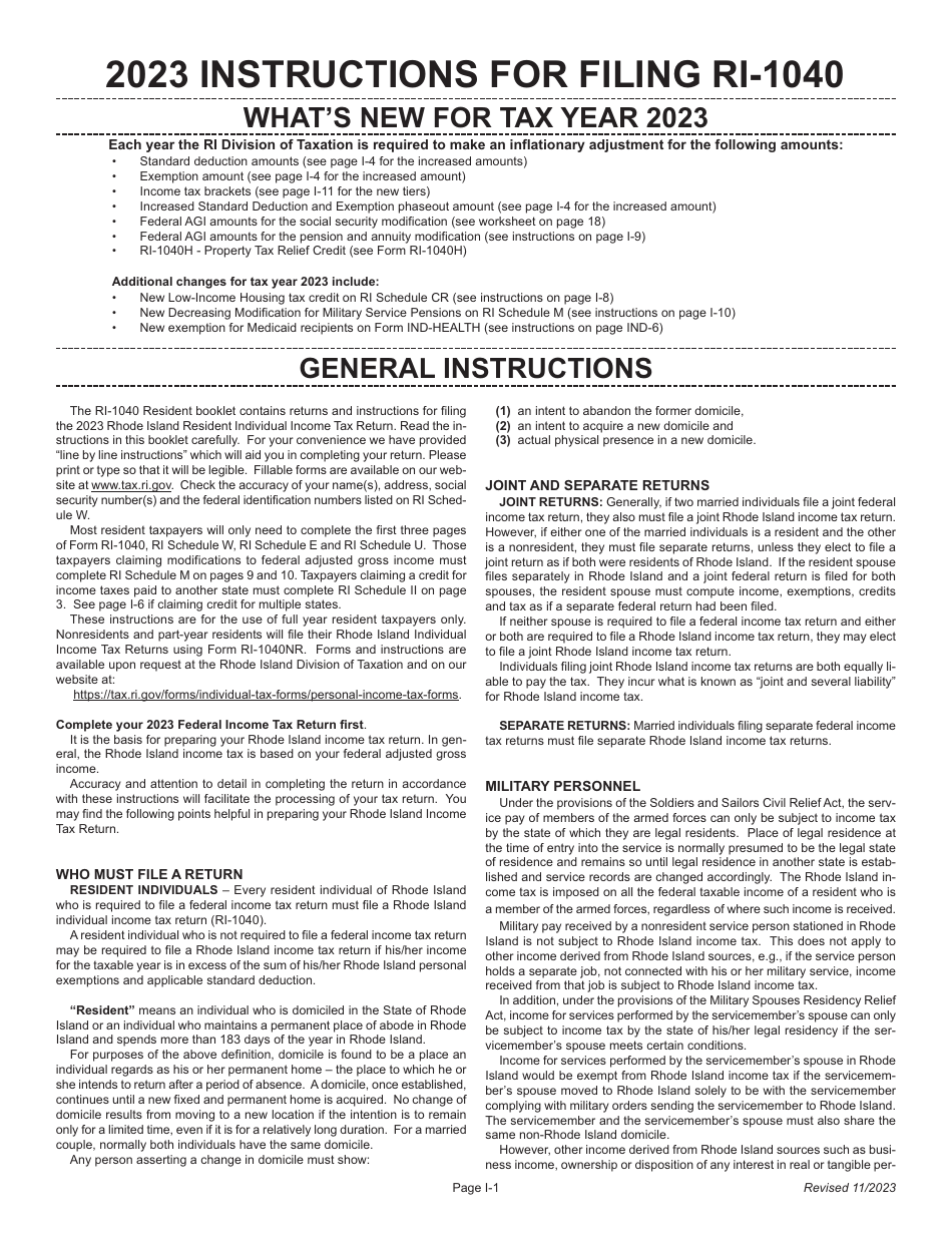 Download Instructions for Form RI1040 Resident Individual Tax