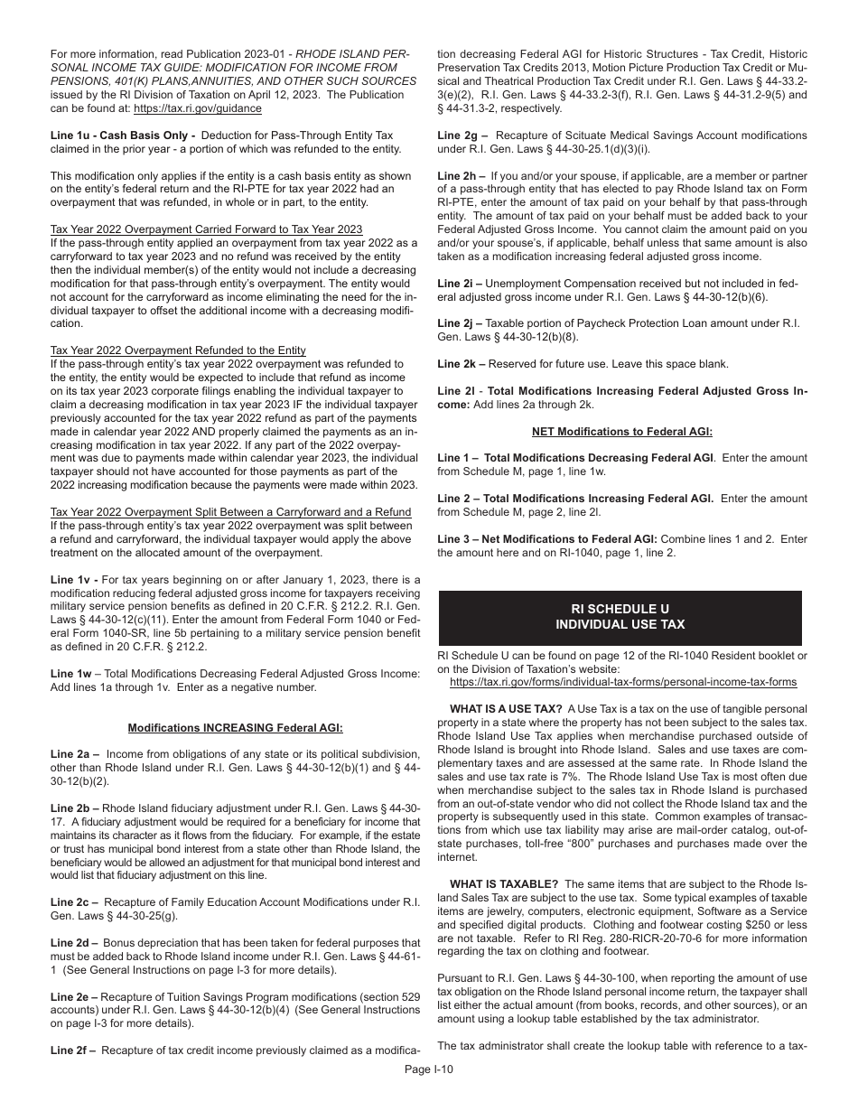 Instructions for Form RI-1040 Resident Individual Income Tax Return - Rhode Island, Page 10