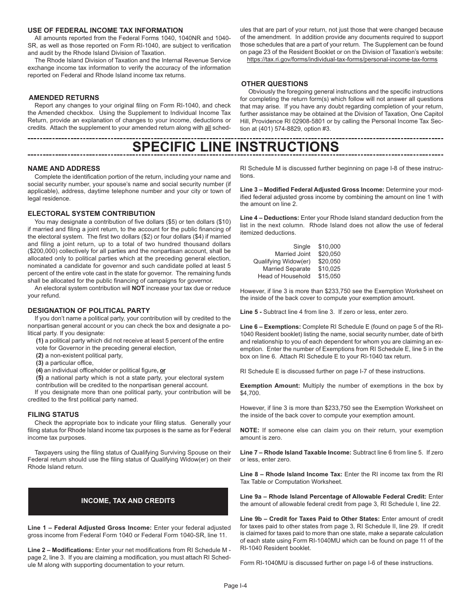 Instructions for Form RI-1040 Resident Individual Income Tax Return - Rhode Island, Page 4