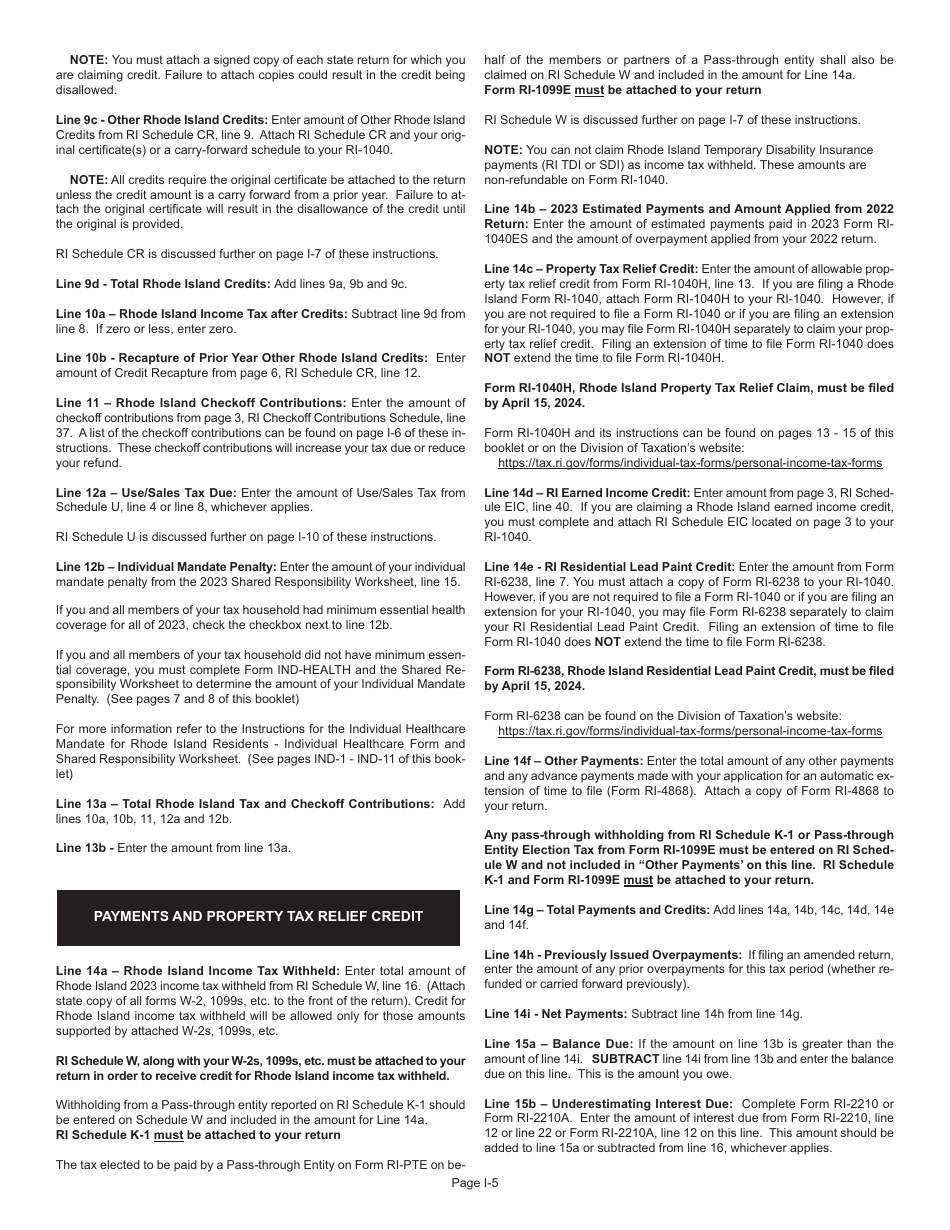 Instructions for Form RI-1040 Resident Individual Income Tax Return - Rhode Island, Page 5