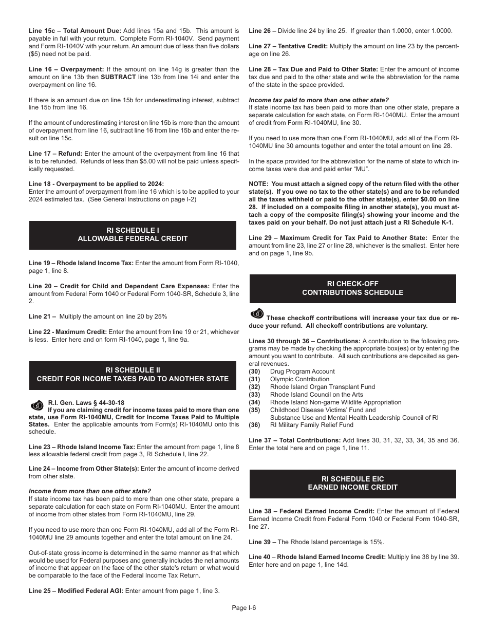 Instructions for Form RI-1040 Resident Individual Income Tax Return - Rhode Island, Page 6