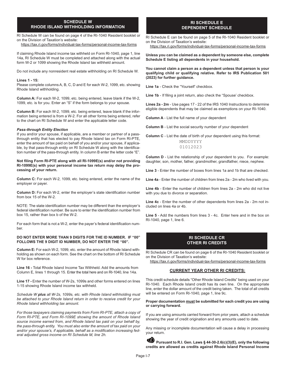 Instructions for Form RI-1040 Resident Individual Income Tax Return - Rhode Island, Page 7