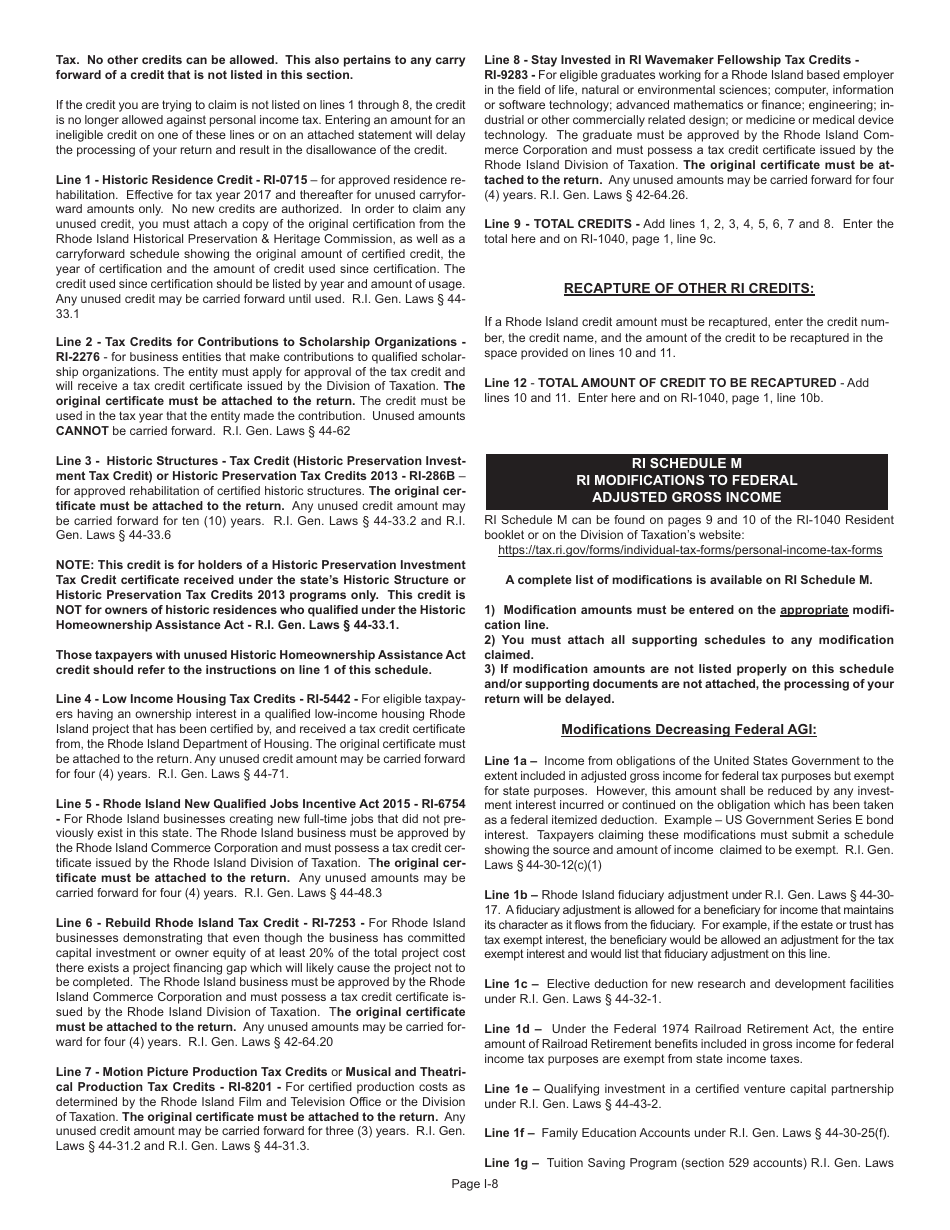 Instructions for Form RI-1040 Resident Individual Income Tax Return - Rhode Island, Page 8