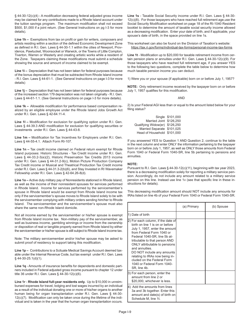 Instructions for Form RI-1040 Resident Individual Income Tax Return - Rhode Island, Page 9