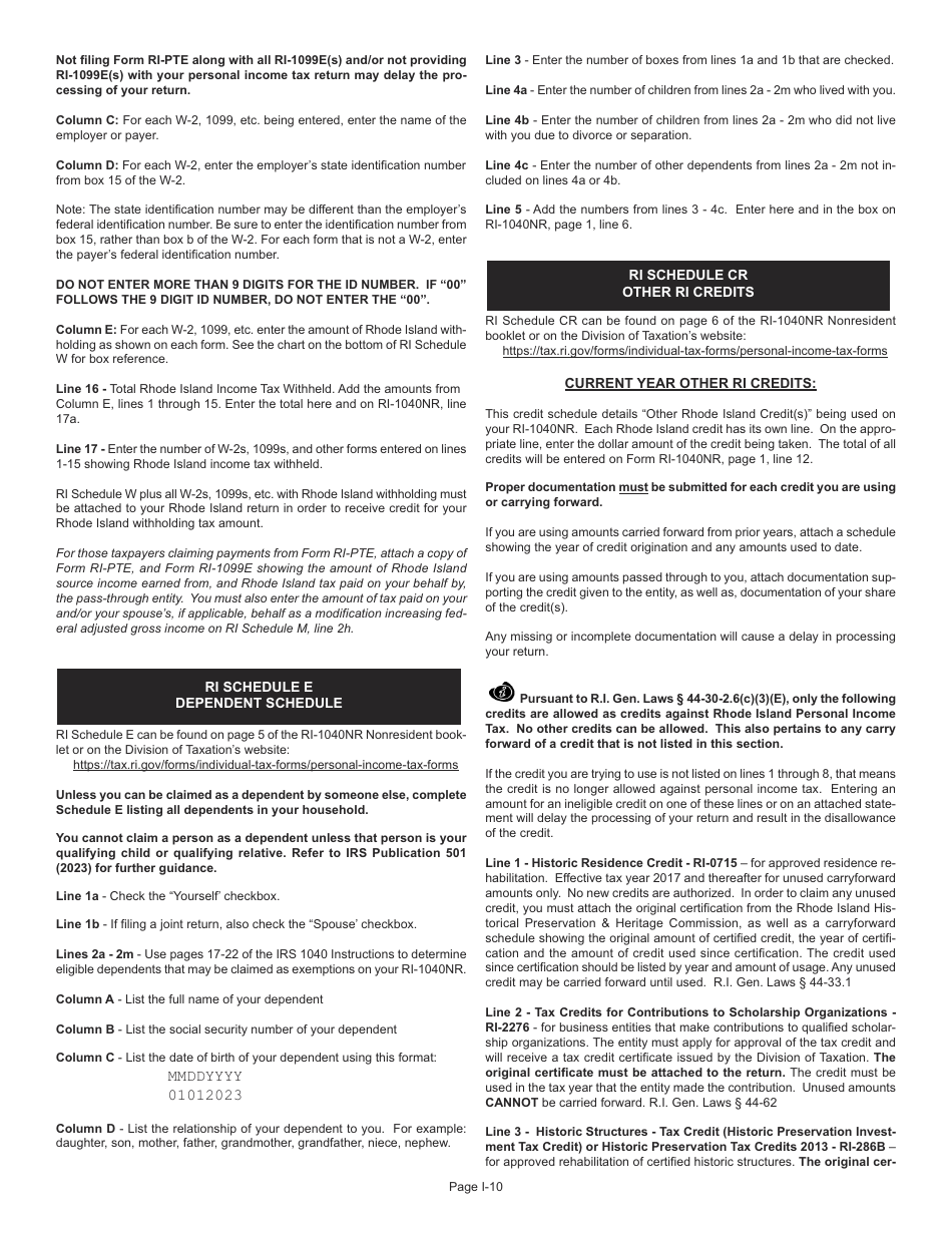 Download Instructions for Form RI1040NR Nonresident Individual