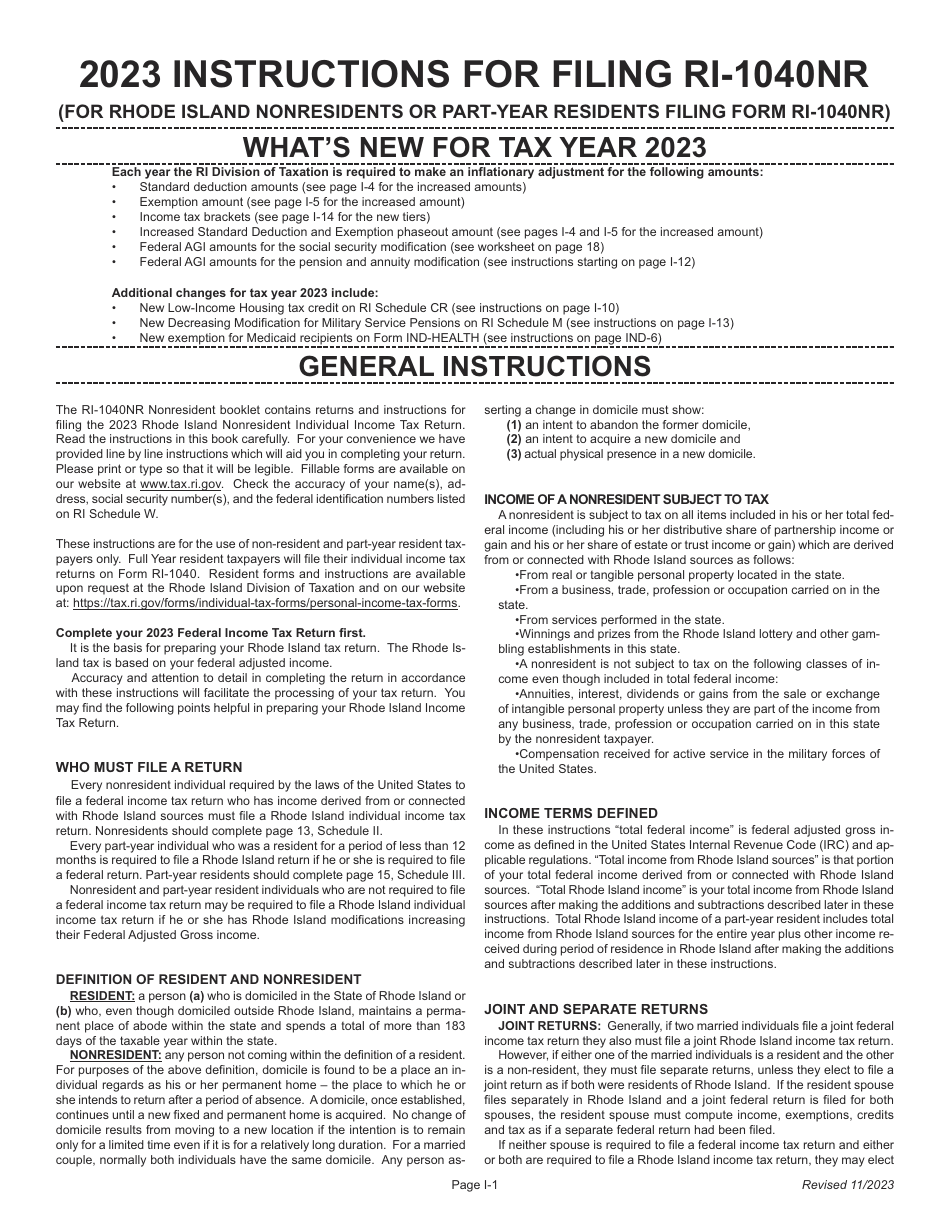 Instructions for Form RI-1040NR Nonresident Individual Income Tax Return - Rhode Island, Page 1