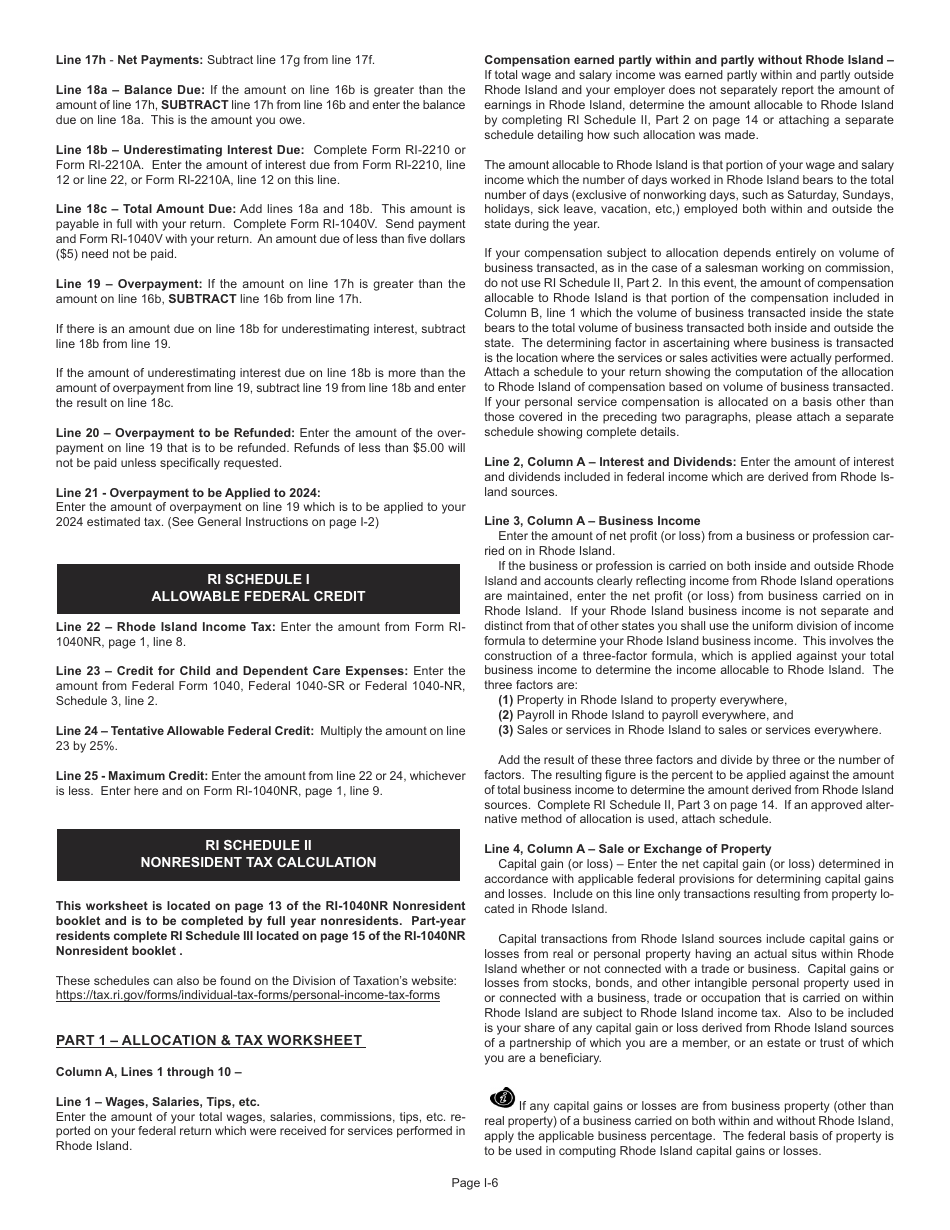 Download Instructions for Form RI1040NR Nonresident Individual