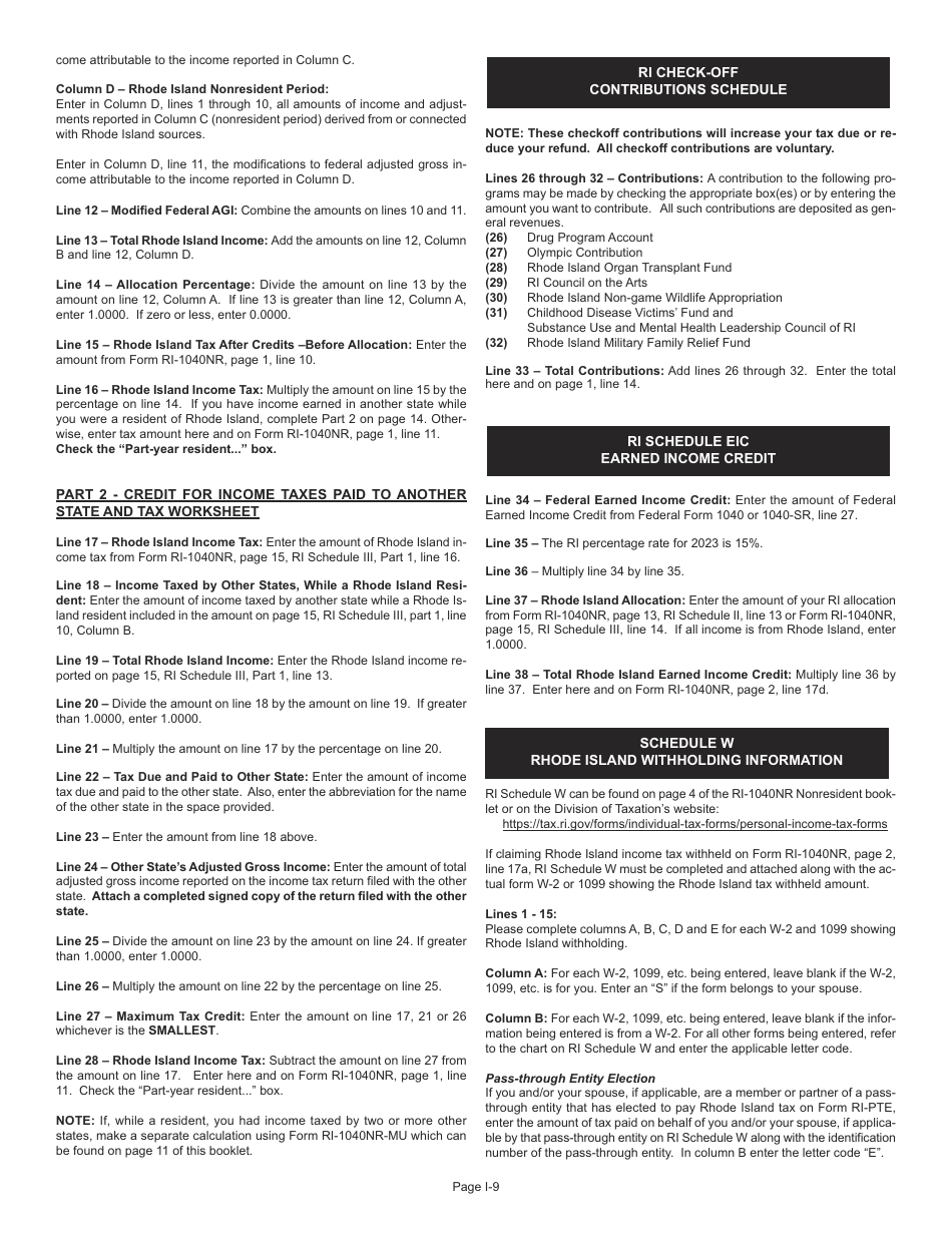 Download Instructions for Form RI1040NR Nonresident Individual