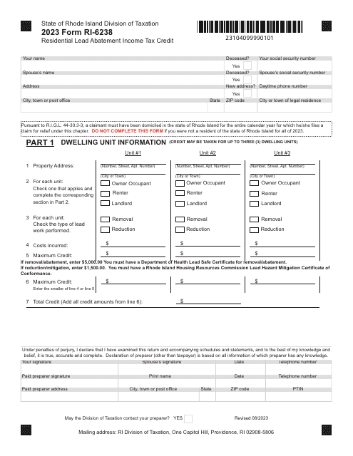 Form RI-6238 Residential Lead Abatement Income Tax Credit - Rhode Island, 2023