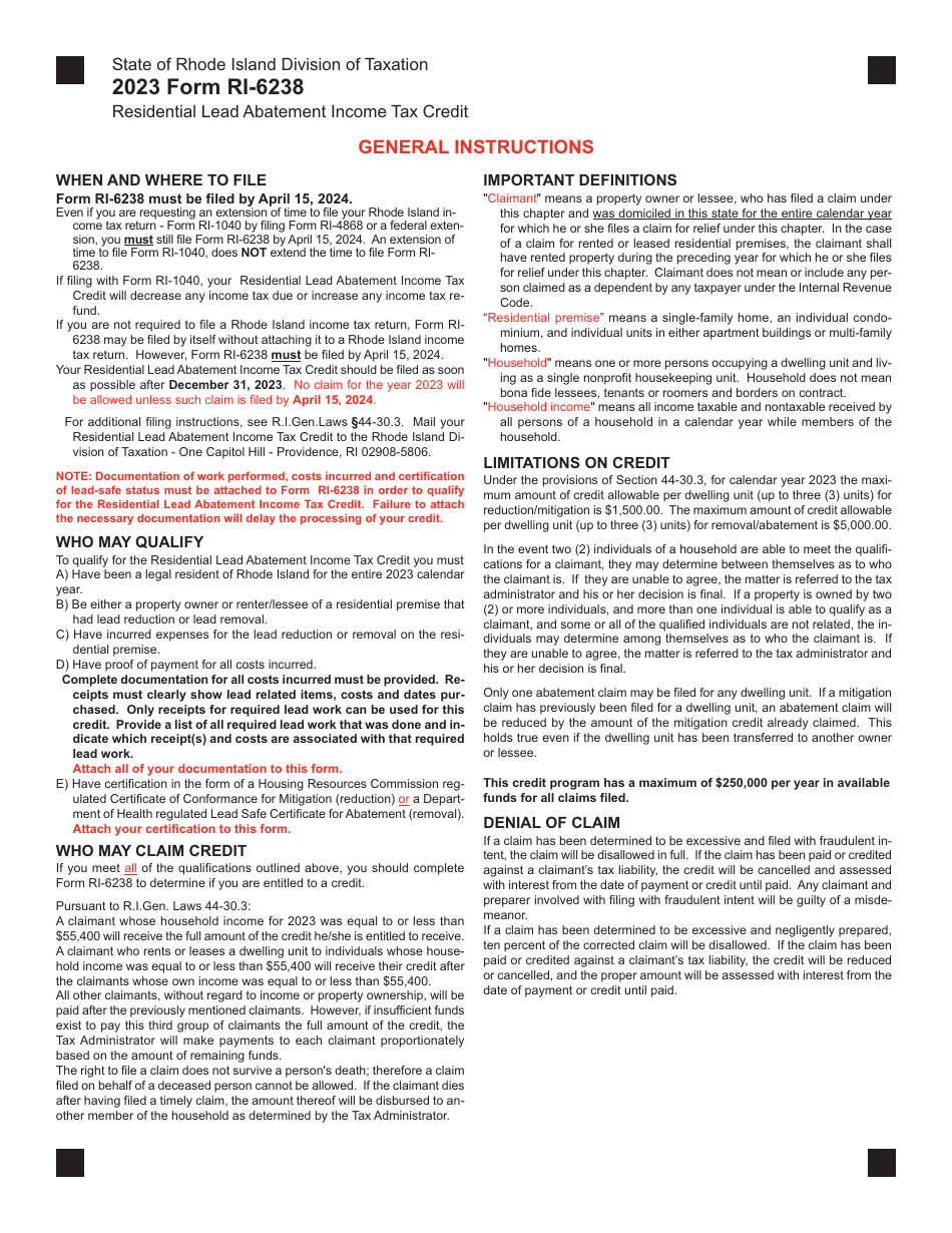 Form RI-6238 Residential Lead Abatement Income Tax Credit - Rhode Island, Page 3