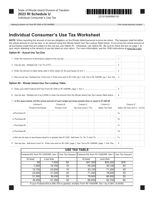 Schedule U Individual Consumer's Use Tax Worksheet - Rhode Island, 2023