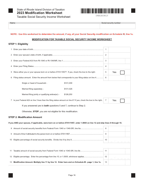 Modification Worksheet - Taxable Social Security Income Worksheet - Rhode Island Download Pdf