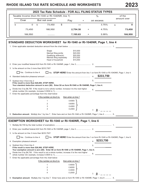 Rhode Island Tax Rate Schedule and Worksheets - Rhode Island, 2023