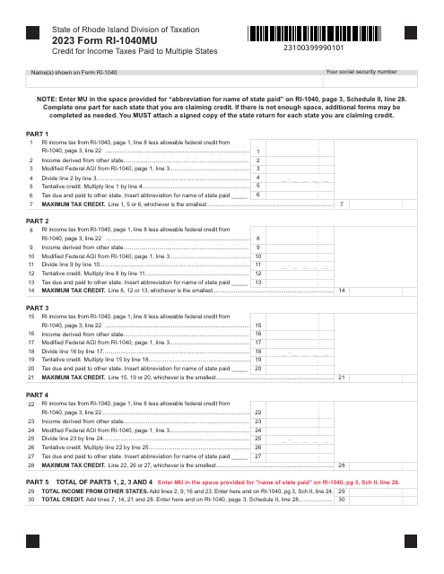 Form RI-1040MU Credit for Income Taxes Paid to Multiple States - Rhode Island, 2023
