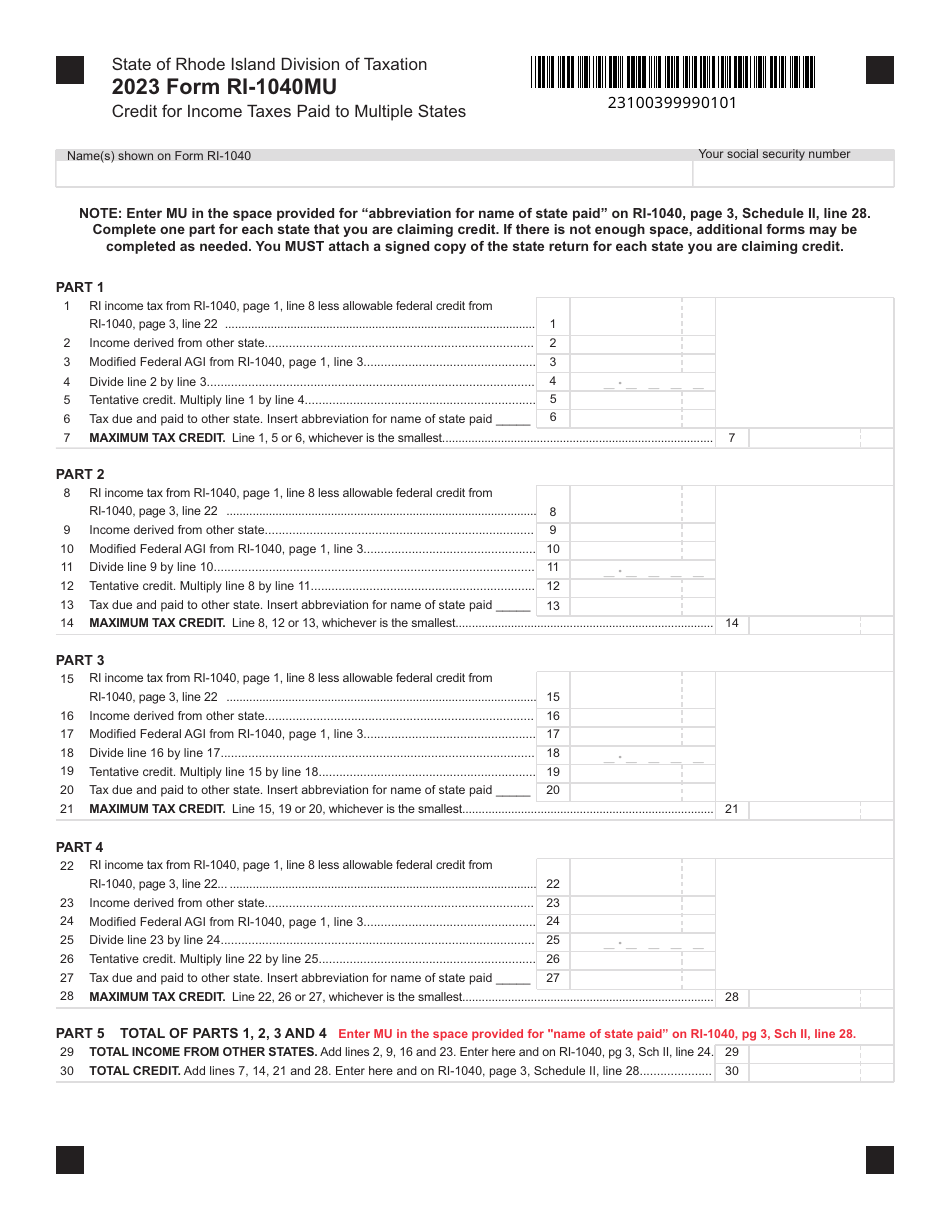 Form RI-1040MU Credit for Income Taxes Paid to Multiple States - Rhode Island, Page 1