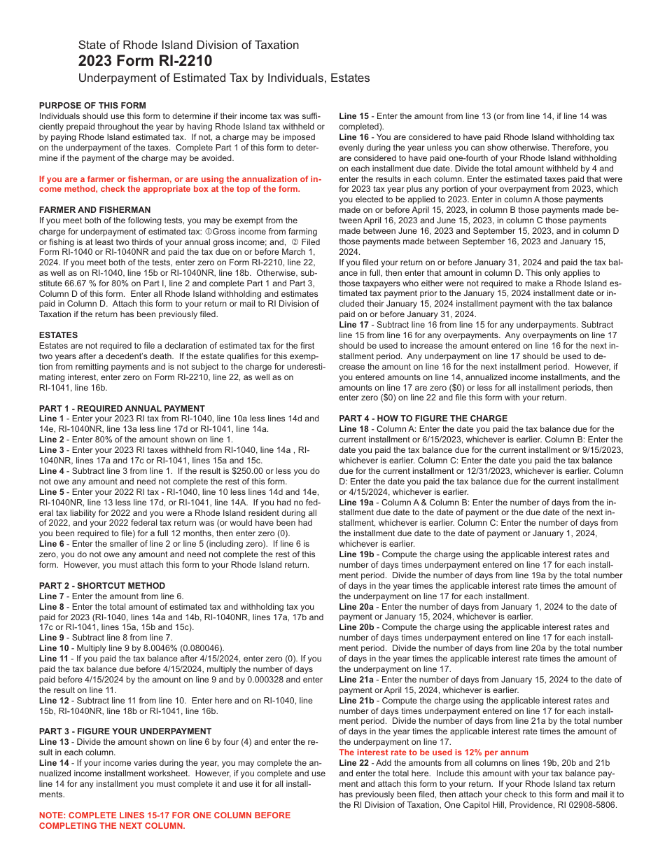 Form RI-2210 Underpayment of Estimated Tax by Individuals, Estates - Rhode Island, Page 3
