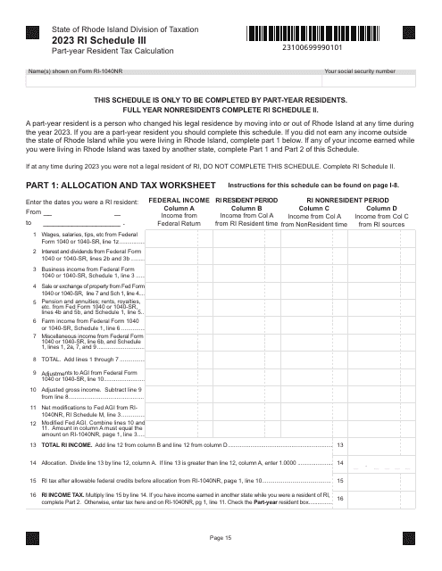 Form RI-1040NR Schedule III Part-Year Resident Tax Calculation - Rhode Island, 2023